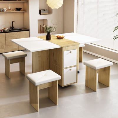 DESMIU Eetkamerset - Uitschuifbaar En Opvouwbaar Ontwerp - Voor Eetkamer, Werkplek En Kleine Bijeenkomsten - Spaanplaat - Wit En Eiken - 120 x 80 x 75 Cm