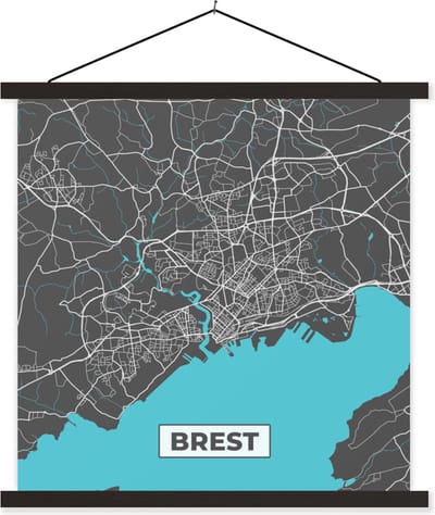 Posterhanger incl. Poster 60x60 cm - Schoolplaat - Brest - Frankrijk - Plattegrond - Stadskaart - Kaart - Textielposter - Zwarte latten - Stadskaart