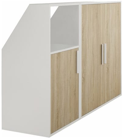 Vente-unique Kast voor onder schuin dak 3 deuren en 1 opbergvak - Wit en houtlook - ADEZIO