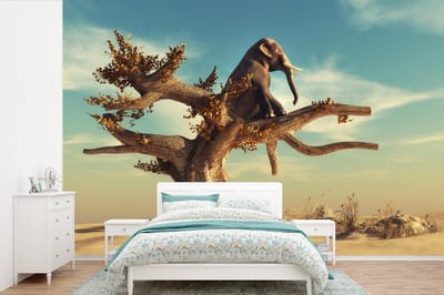Behang - Fotobehang Olifant - Boom - Natuur - Woestijn - Breedte 330 cm x hoogte 220 cm
