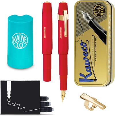 Kaweco - Cadeauset - (5delig) - Vulpen CLASSIC SPORT ROOD Fountain Pen - Extra Breed - Vintage blikje - Oktogonal Clip Vergoldet - Patronen houder TURKOISE - Vullingen