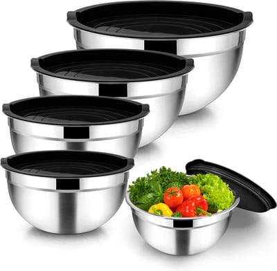 Mixkommen Set van 5 Stuks in Zwart RVS voor Salades, Stapelbaar en Vaatwasmachinebestendig, Ideaal voor Keuken en Bereiding