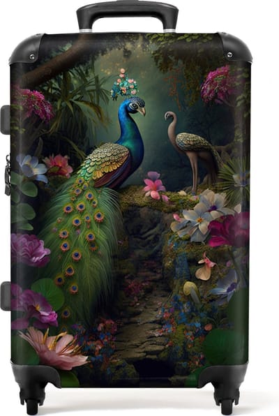 NoBoringSuitcases.com - Koffer - Reiskoffer - Pauw - Bloemen - Jungle - Planten - Trolley op wieltjes - 20 kg bagage - Hardcase koffer - Lichtgewicht - TSA slot - Koffer groot - 66 cm - Handbagage koffer - 72 liter - Grote koffer