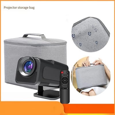 Grijze waterafstotende opbergtas speciaal geschikt voor HY320 mini-projector, gevoerde binnenkant met handgreep, ruimte voor projector, afstandsbediening en accessoires voor reis en opslag