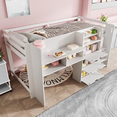 Pugsdrly Halfhoog bed, 90 x 200 cm, in de vorm van een huis, meerdere opbergvakken, entertainmentruimte onder het bed, zonder matras, wit