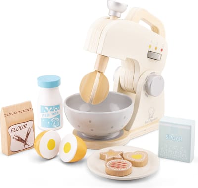 Woet® Houten Mixer Speelset - Inclusief Kom, Bloem, Suiker, Melk, Eieren en Koekjes - Speelgoedkeukenmachine voor Kinderen - Rollenspel Keukenspeelgoed - Vanaf 3 Jaar
