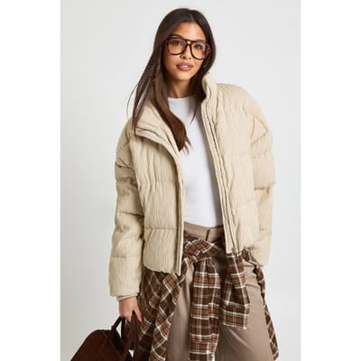 boohoo Dames Getextureerde Puffer Jas | Steen | Maat: 36