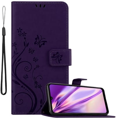 Cadorabo Hoesje geschikt voor Huawei Y6P in BLOEMEN DONKER PAARS - Beschermhoes in bloemmotief met magnetische sluiting, standfunctie en kaartsleuven Book Case Cover Etui