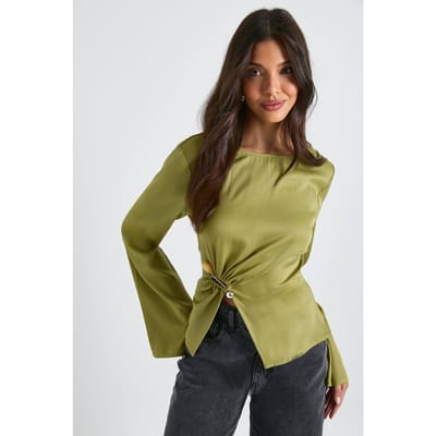 boohoo Dames Blouse met uitlopende mouwen en gouden detailafwerking | Olijf | Maat: 40