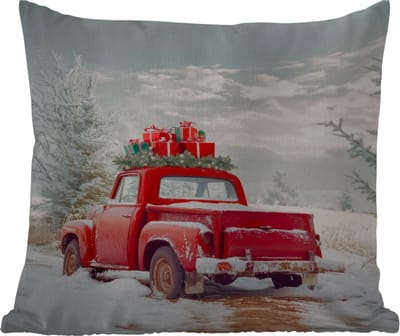 Tuinkussen - Auto - Rood - Cadeaus - Winter - Sneeuw - Kerst - 40x40 cm - Weerbestendig
