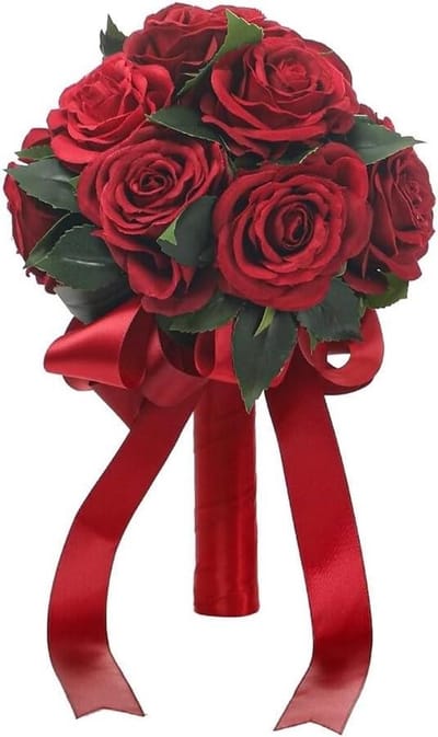 Bruiloft Boeket - Bruidsbloemen - Bruiloft Decoratie - Lint Omwikkelde Stelen - 25x18cm - Donkerrood