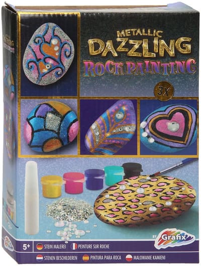 Grafix Metallic Dazzling Rock Painting - Set voor Happy Stones met 3 stenen, 5 kleuren metallic verf en diamant steentjes - Creatief speelgoed voor kinderen vanaf 5 jaar - Inclusief kwast en lijm!
