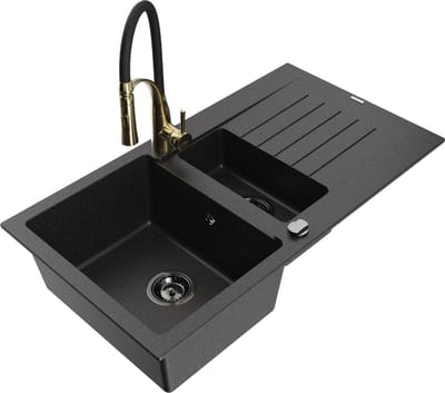 Mexen Matias granieten gootsteen 1,5-kamer met afdruiprek en keukenmengkraan Aster, zwart/zilver - 6502-73-73450-57-B