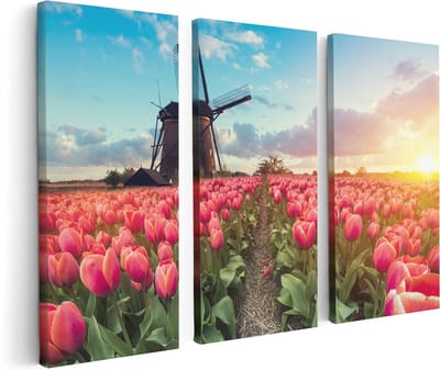 Artaza Canvas Schilderij Drieluik Roze Tulpen Bloemenveld - Met Windmolen - 120x80 - Foto Op Canvas - Canvas Print