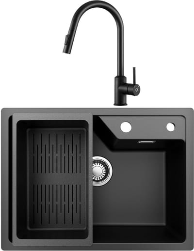 Sofetiy Max Granieten Spoelbakken (65*45cm) Zwart - Spoelbak Keuken Met Keukenkraan - Wasbak Keuken Met Waterafvoersysteem en Wasbak Vergiet
