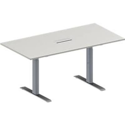 Schäfer Shop Genius Vergadertafel MODENA FLEX, in hoogte verstelbaar, 3-voudige contactdoos, rechthoekige vorm, T-poot rechthoekige buis, B 1600 x D 800 mm, lichtgrijs