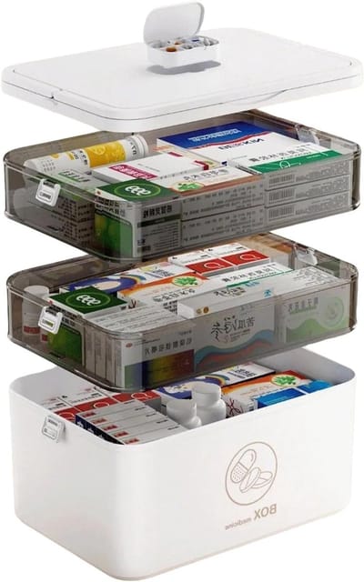 Medicijnorganisator met 3 niveaus, draagbaar en waterdicht, ideaal voor thuis, reizen en noodgevallen, 24 x 30 x 16,5 cm