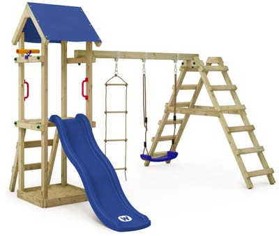 Wickey TinyLoft Speeltoestel - Schommel en Touwladder met Glijbaan - Klimaanbouw & Zandbak - 303x273x220 cm - Blauw