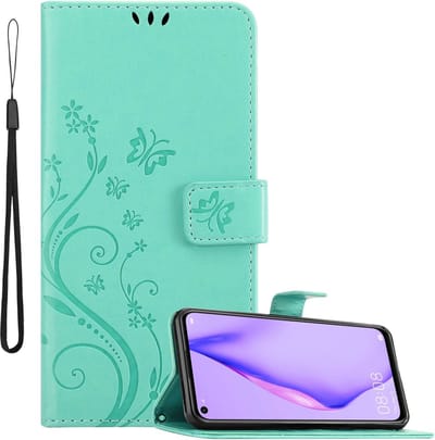 Cadorabo Hoesje geschikt voor Huawei P40 LITE 5G / NOVA 7 SE in BLOEMEN TURKOOIS - Beschermhoes in bloemmotief met magnetische sluiting, standfunctie en kaartsleuven Book Case Cover Etui