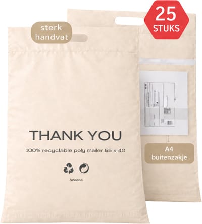 Verzendzakken voor kleding - verzendzakken groot formaat - verzendzakken webshop - 550mm x 400mm - handvat - XL - 100% recycleerbaar - buitenzak - Vinted - "Thank you" - 25 stuks