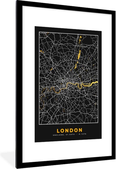 Fotolijst incl. Poster - Londen - Stadskaart - Plattegrond - Goud - Kaart - 80x120 cm - Posterlijst