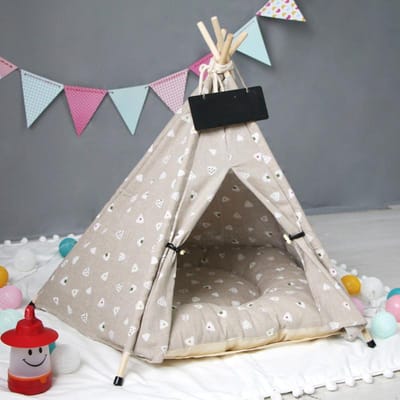 Tente pour animaux de compagnie aux yeux gris, niche pour petits et moyens chiens et chats, niche en lin et bois L(60 × 60 × 70cm)
