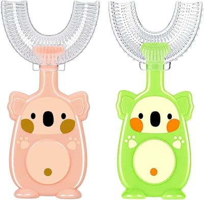 Dailygoods - U-vormige tandenborstel, U-vormige tandenborstel voor kinderen, handmatige tandenborstel voor 360° reiniging (roze + groen)