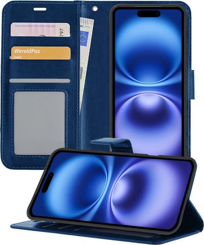 Hoesje - Geschikt voor Apple iPhone 16 - Luxe Bookcase - Walletcase Hoes - Portemonnee - Cover - Telefoonhoes - Donkerblauw