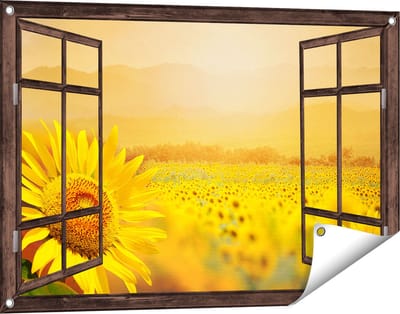 Gards Tuinposter Doorkijk Zonnebloemen Veld met Zonopkomst - 90x60 cm - Tuindoek - Tuindecoratie - Wanddecoratie buiten - Tuinschilderij