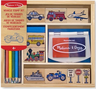 Houten speelgoed stempelset voertuigen - Creatief speelgoed - Knutselspullen voor kinderen