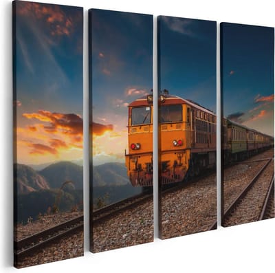 Artaza Canvas Schilderij Vierluik Trein tussen de Bergen in Thailand - 80x60 - Foto Op Canvas - Canvas Print