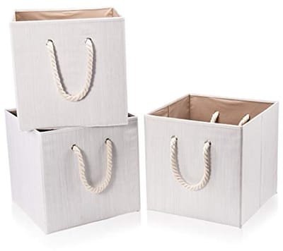 Set van 3 grote opvouwbare stoffen opbergbakken met katoenen touw handvat - Beige 33x33x33 cm