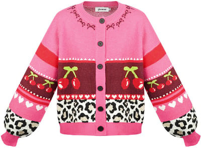 Kleurrijke Dames cardigan met Kerspatronen en Dierenprint - Fushia - Maat S/M