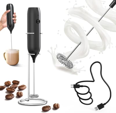 Elektrische melkopschuimer met standaard, oplaadbare elektrische melkopschuimer, handmatige melkopschuimer voor cappuccino, koffie en latte - zwart