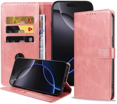 Geschikt voor iPhone 16 Pro Telefoonhoesje Kunstleer met Magnetisch lipje en Pasjeshouder Book Case met Klepje - Roze - Smartphonica geschikt voor iPhone 16 Pro