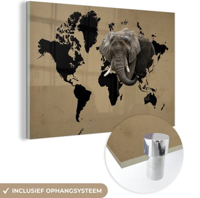 MuchoWow® Glasschilderij 60x40 cm - Schilderij acrylglas - Wereldkaart - Zwart - Olifant - Foto op glas - Schilderijen