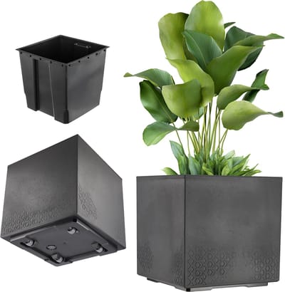 KADAX plantenbak op wielen, 39 x 40 cm, grote plastic bloempot met moderne betonlook, vierkante bloempot voor terras en tuin (zwart)