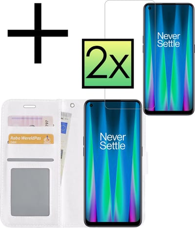 Hoesje - Met 2x Screenprotector - Geschikt voor OnePlus Nord CE 2 - Luxe Pasjeshouder - Bookcase Portemonee - Flip Case - Kunstleer Book Case - Flipcase Hoes - Book Cover - Walletcase - Portemonneehoes - Wit
