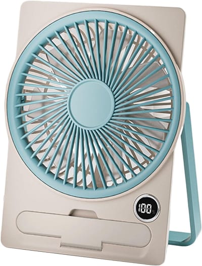 Ventilator — tafelventilator — compacte, stille elektrische ventilator — Op USB werkende persoonlijke ventilator met digitaal LCD-display — ophangbaar ontwerp — Ideaal voor keukens, kantoren, studentenkamers, slaapkamers, op reis,