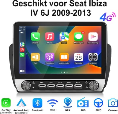 Junsun Android 15 Autoradio Geschikt Voor Seat Ibiza IV 6J（2009-2013） Accessoires, 6GB+128GB, Draadloze CarPlay & Android Auto, DAB+, GPS-Navigatie, Bluetooth, WIFI, 4G, RDS, 10.1-inch Touchscreen, DSP, USB, Octa-core processor