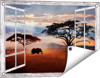 Gards Tuinposter Doorkijk Olifant in het Wild - Savanne - 60x40 cm - Tuindoek - Tuindecoratie - Wanddecoratie buiten - Tuinschilderij