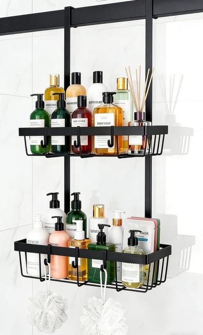 Dailygoods- Doucheplank zonder boren - Hangrek met 2 opbergmanden - 8 afneembare haken - Geschikt voor badkamer/keuken - Eenvoudige montage - Ideaal voor opbergen - Opbergrek