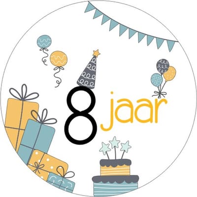 20x Sluitsticker 8 Jaar - Geel Blauw - 40 mm - Verjaardags sticker - Sluitzegel - Sticker Verjaardag jongens meisjes - Ballonnen - Cadeau's Kado's - Glossy - Sluitzegel - Wensetiket - Uitdelen - Jarig - Trakteren - Hoera