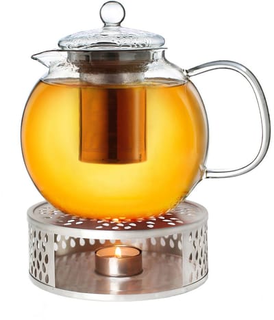 Creano glazen theepot 1,7l + een rvs theelicht, 3-delige glazen theepot met geïntegreerd rvs filter en glazen deksel, ideaal voor het zetten van losse thee, druppelvrij
