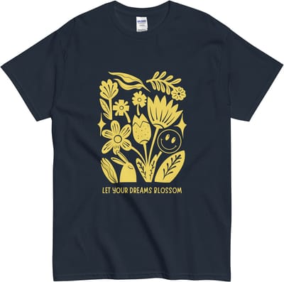 Botanisch T-shirt met Smiley en Inspirerende Tekst - Dromen laten Bloeien - Dames Heren - Blauw - S