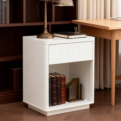 Nachtkastje met Lade - Modern Bedtafeltje - Open Vak - Geribbeld Design - 60kg Draagkracht - Slaapkamer & Woonkamer - 55x40x63,5cm - Wit