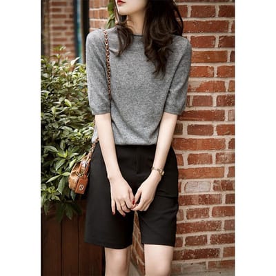 Nouveau T-shirt Printemps et Été Ample et Polyvalent Port Unique Laine Intérieure Cachemire Pull Tricoté Haut Printemps et Été pour Femmes One Size gray