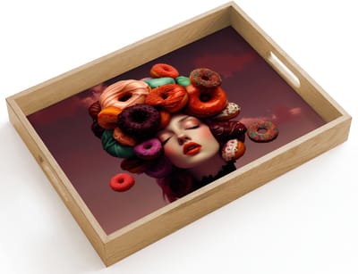 Dienblad hout 40x30 cm - Schootdienblad - Vrouw - Donuts - Kleurrijk - Borrelplank rechthoek - Plateau dienbladen