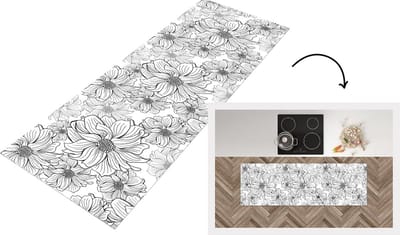 Keukenloper - Loper keuken - Bloemen - Zwart - Wit - Design - 150x50 cm - Keukenloper vinyl