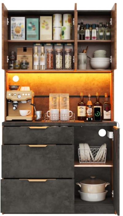 Keukenkast Opslagkast - Met Ledverlichting-Voorraadkast Met 4 Deuren En 3 Lades-Stopcontact En USB-100 X 40 X 180 Cm-Keuken-Naturel